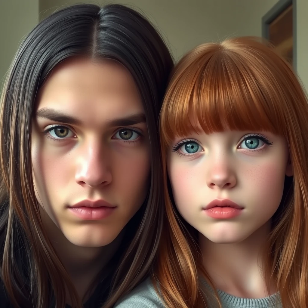 young guy, long dark brown hair parted in the middle, sharp facial features, pale skin, light brown eyes, thick eyebrows, long eyelashes next to a cute white ginger girl, turned-up small nose, pink lips, green eyes, long bangs. - Image