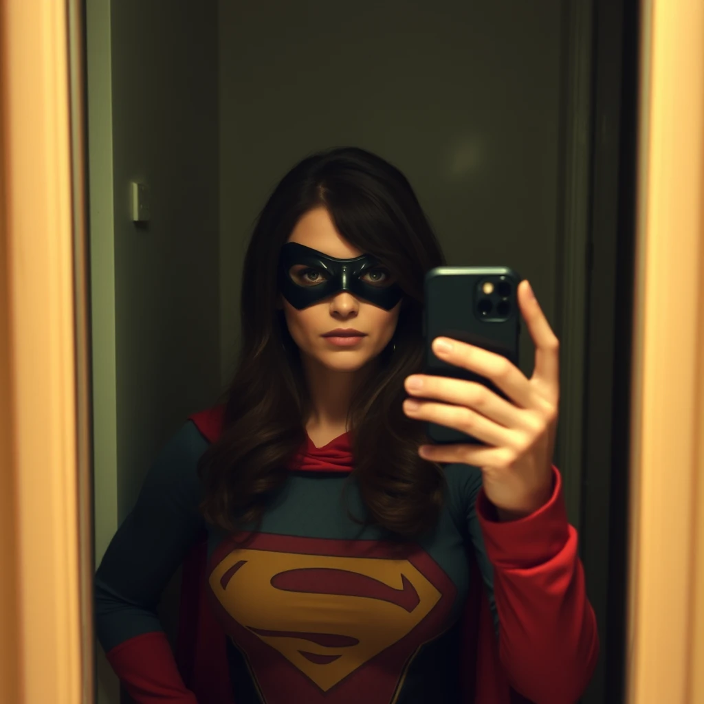 Phone photo: A woman superhero stands in front of a mirror capturing a selfie. The image quality is grainy, with a slight blur softening the details. The lighting is dim, casting shadows that obscure her features. Her expression is casual while the old iPhone struggles to focus, giving the photo an authentic, unpolished feel. - Image