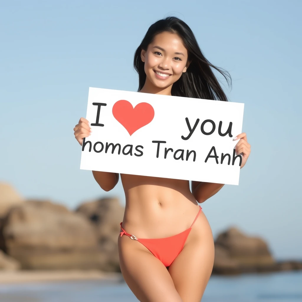 A young woman in a bikini holding a sign with the text "I love you Thomas Tran Anh". - Image