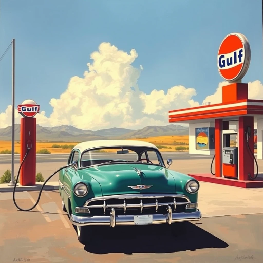 A 1952 Chevy is getting gas at the Gulf gas station in 1965, as painted by Arthur Sarnoff, wide, landscape view. - Image