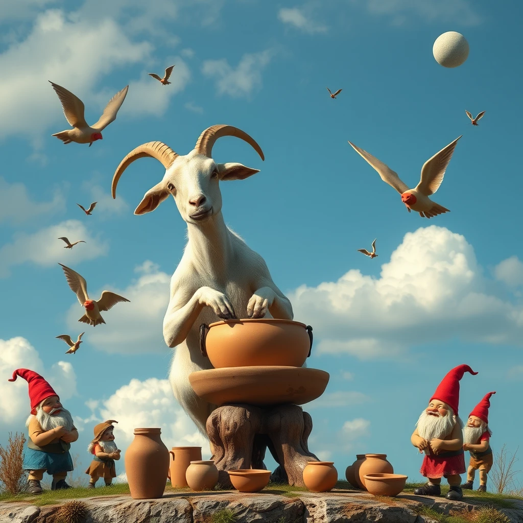 Photo of a goat making pottery while floating in the sky while gnomes dance around it. - Image