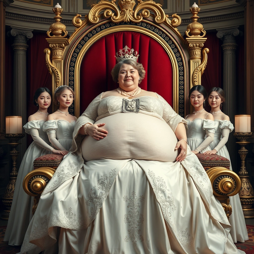 "The beautifully overweight queen lies on a luxurious and exquisite throne, with ten palace maids supporting her super large belly."