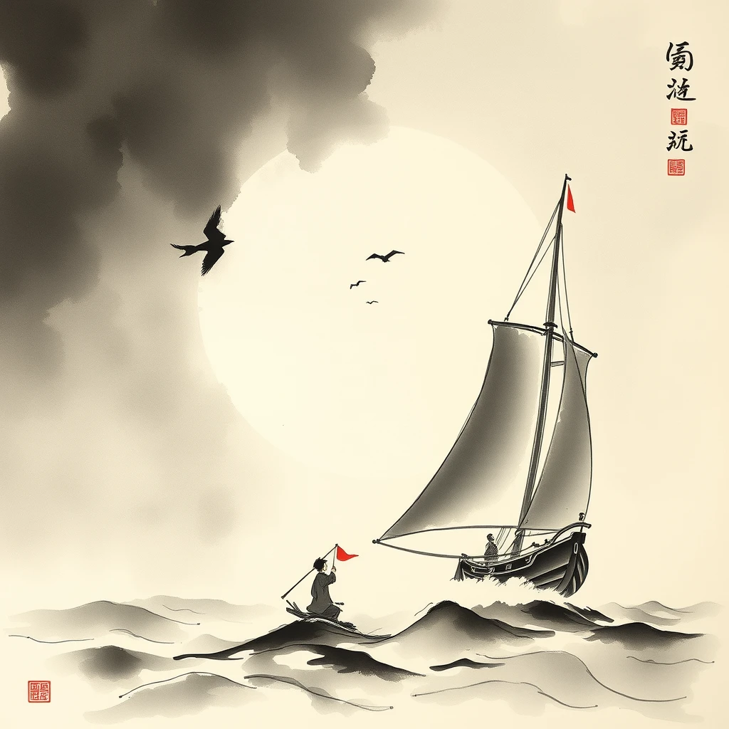 sail with the wind, Chinese ink painting