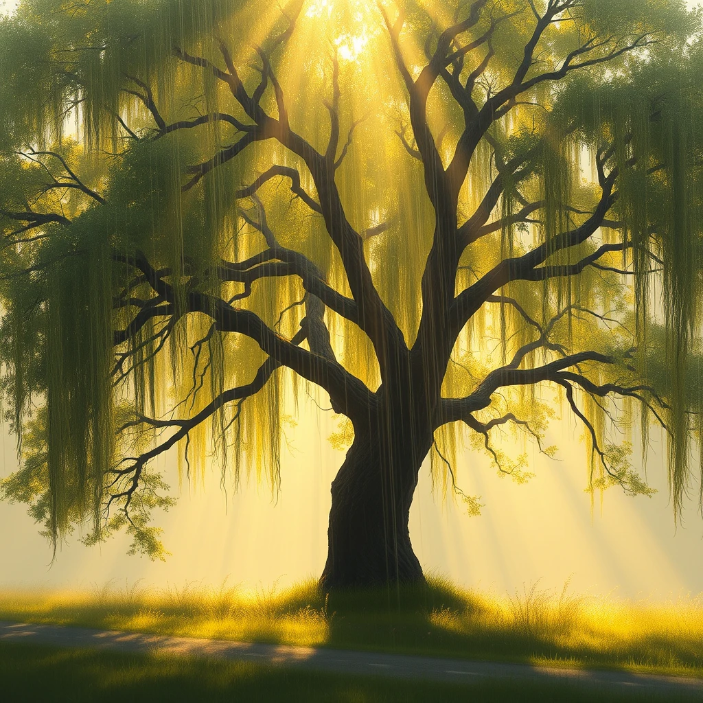 a hyperrealistic painting of a tree with soggy raining down on it, in the style of god rays, with an overall light palette of subtle yellows and greens illuminated by natural light.