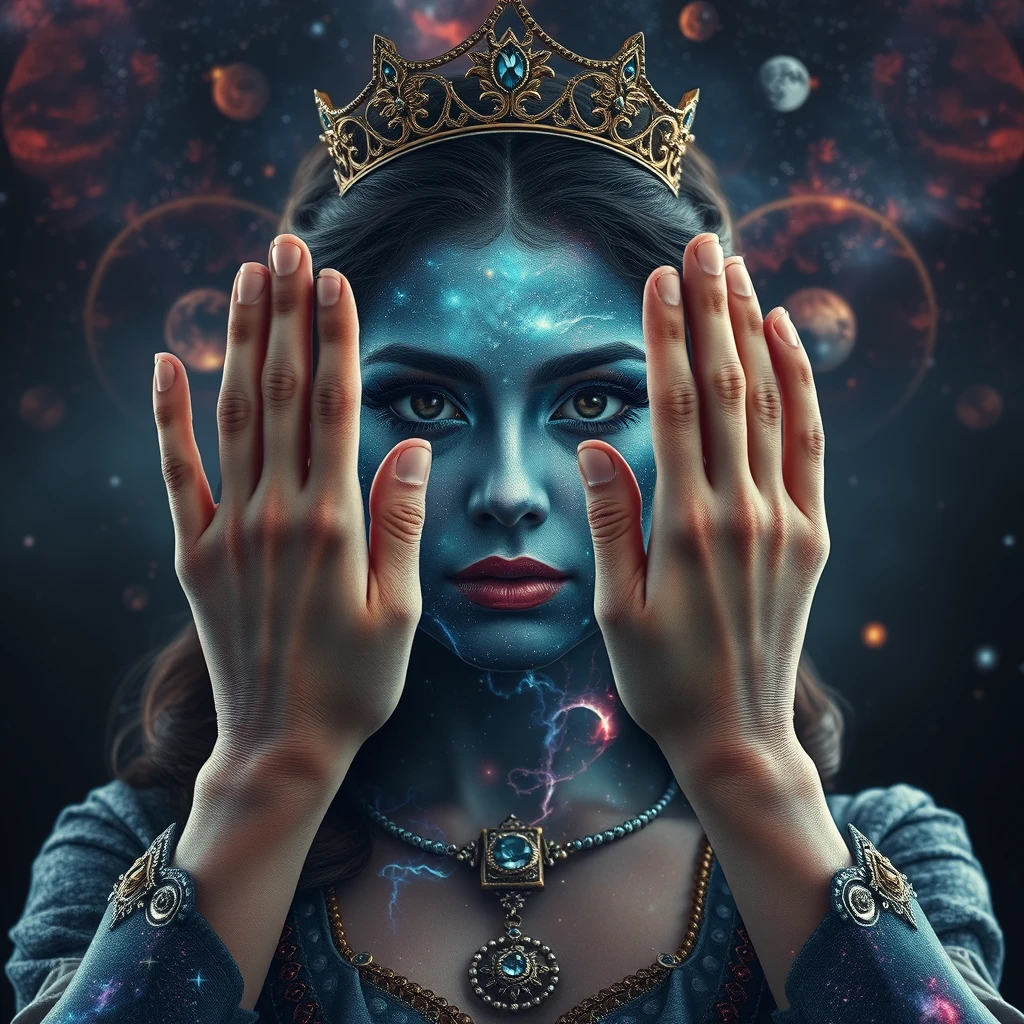 A beautiful queen of the universe holding up her hands, face in the background. - Image