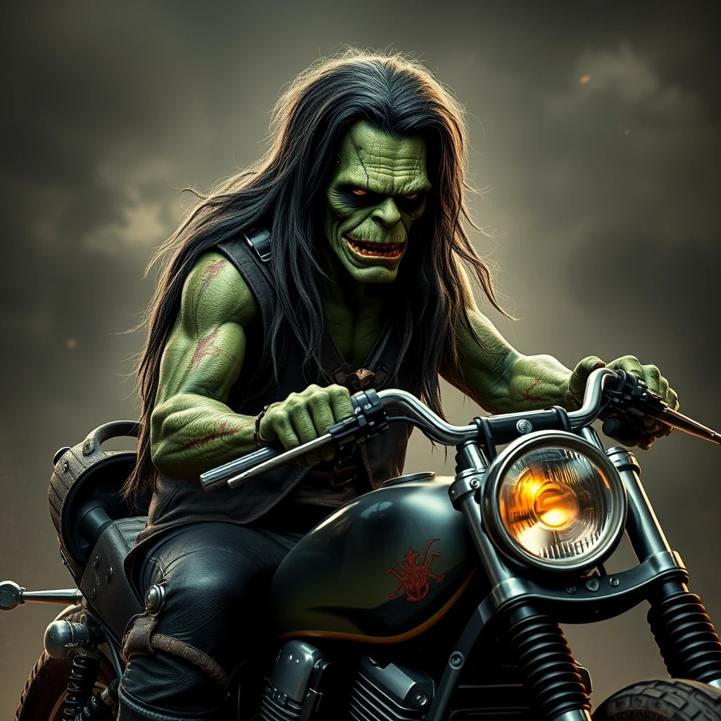 Frankenstein with long hair, sitting on his chopper, photo-realistic, 4k. - Image