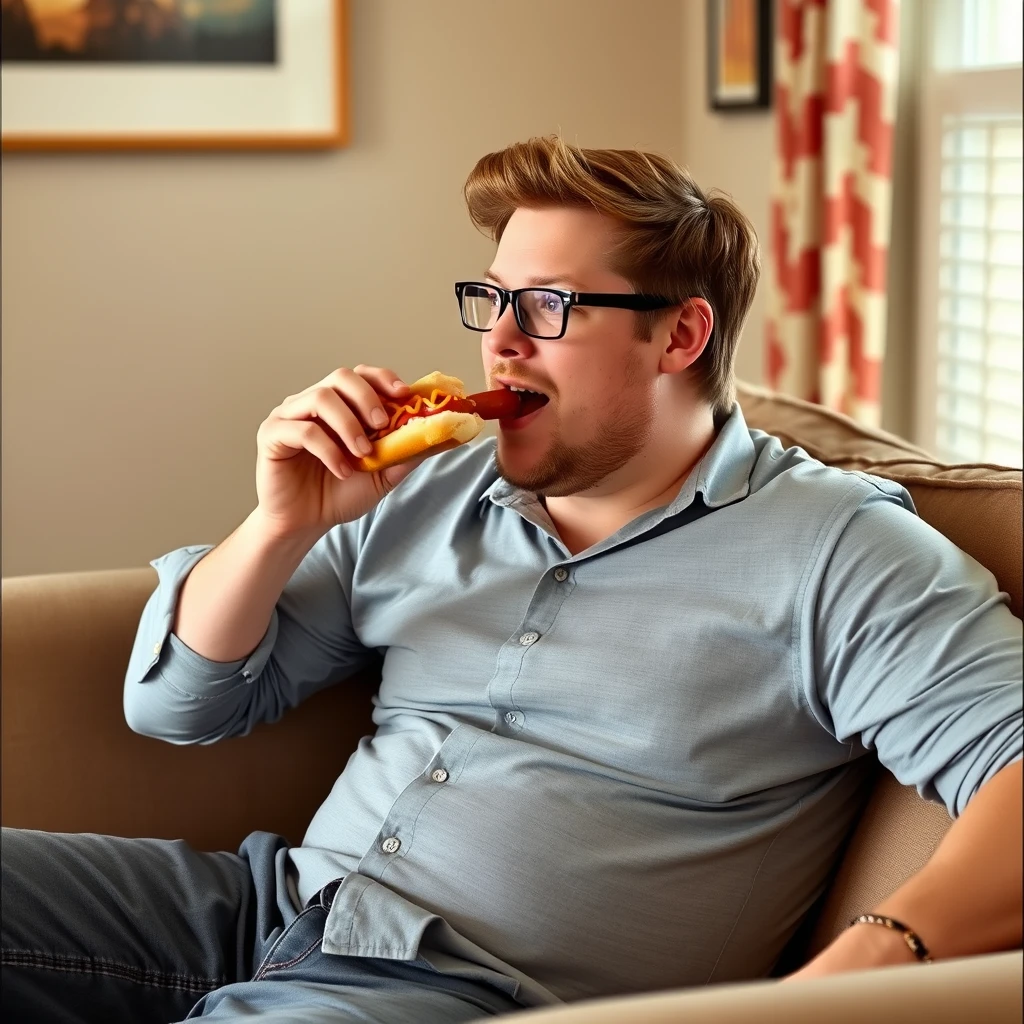 J.D. Vance eating a hotdog while sitting on a couch. - Image