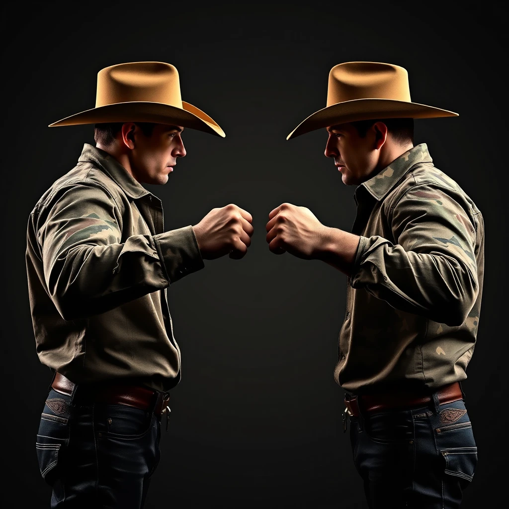 Two cowboys are facing each other before a duel. Their hands are drawn as fists. They are posing in a boxing-inspired stance. Dressed in camo fashion... Silhouette inspired... - Image