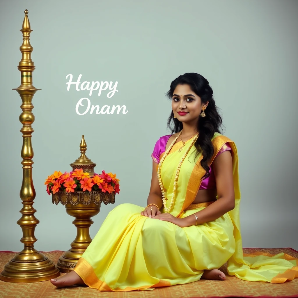 A voluptuous young lady, in minimalist traditional Kerala attire, wishing Onam with delicate flowers and sitting next to a tall brass lamp. - Image