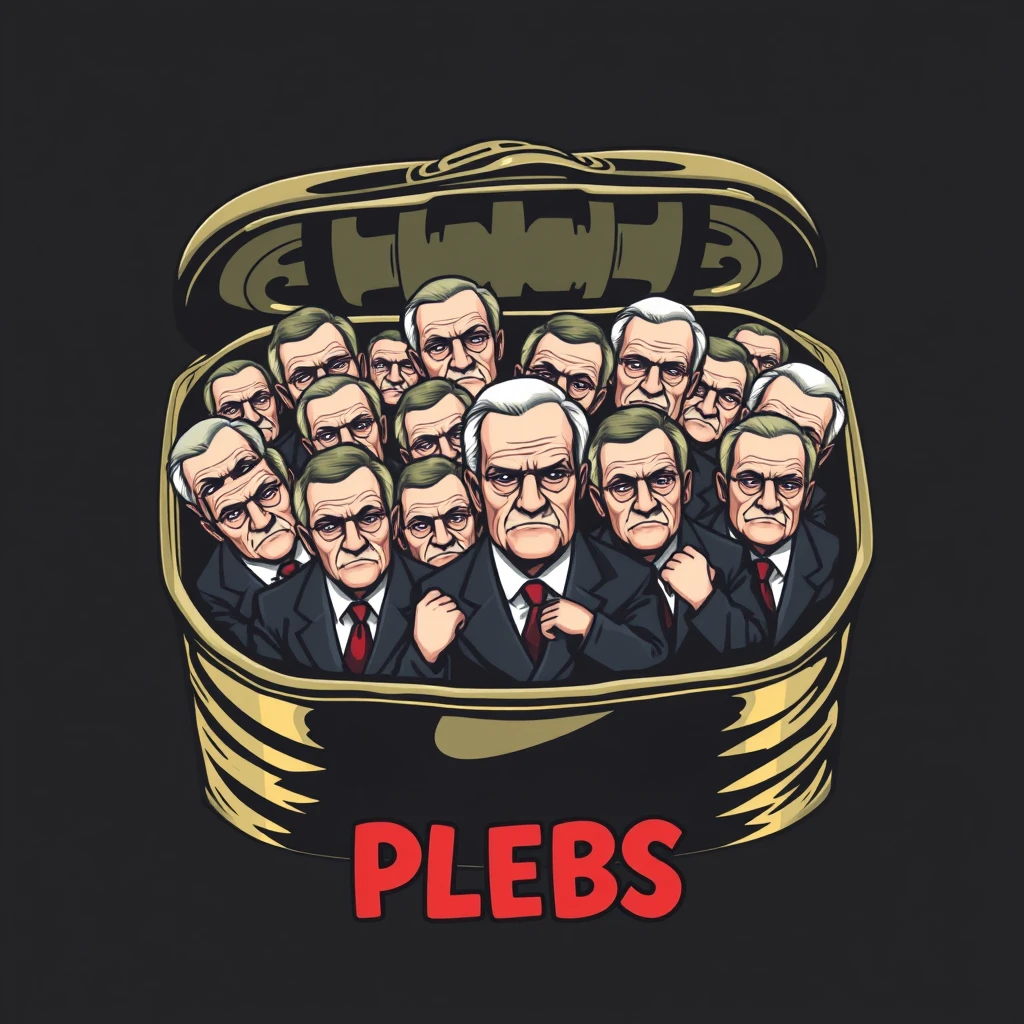 A playful t-shirt design featuring an open sardine can filled with live, wealthy older men packed shoulder to shoulder in business suits, scowling, with the text "PLEBS" underneath, viewed from the front. - Image