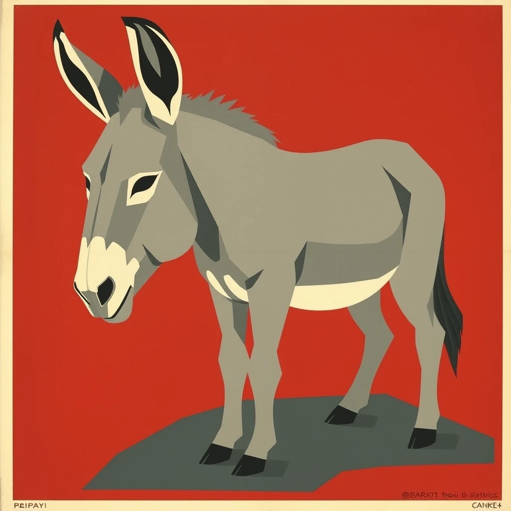 Soviet poster depicting a donkey, constructivist style. The donkey is gray and the background is dark red. - Image