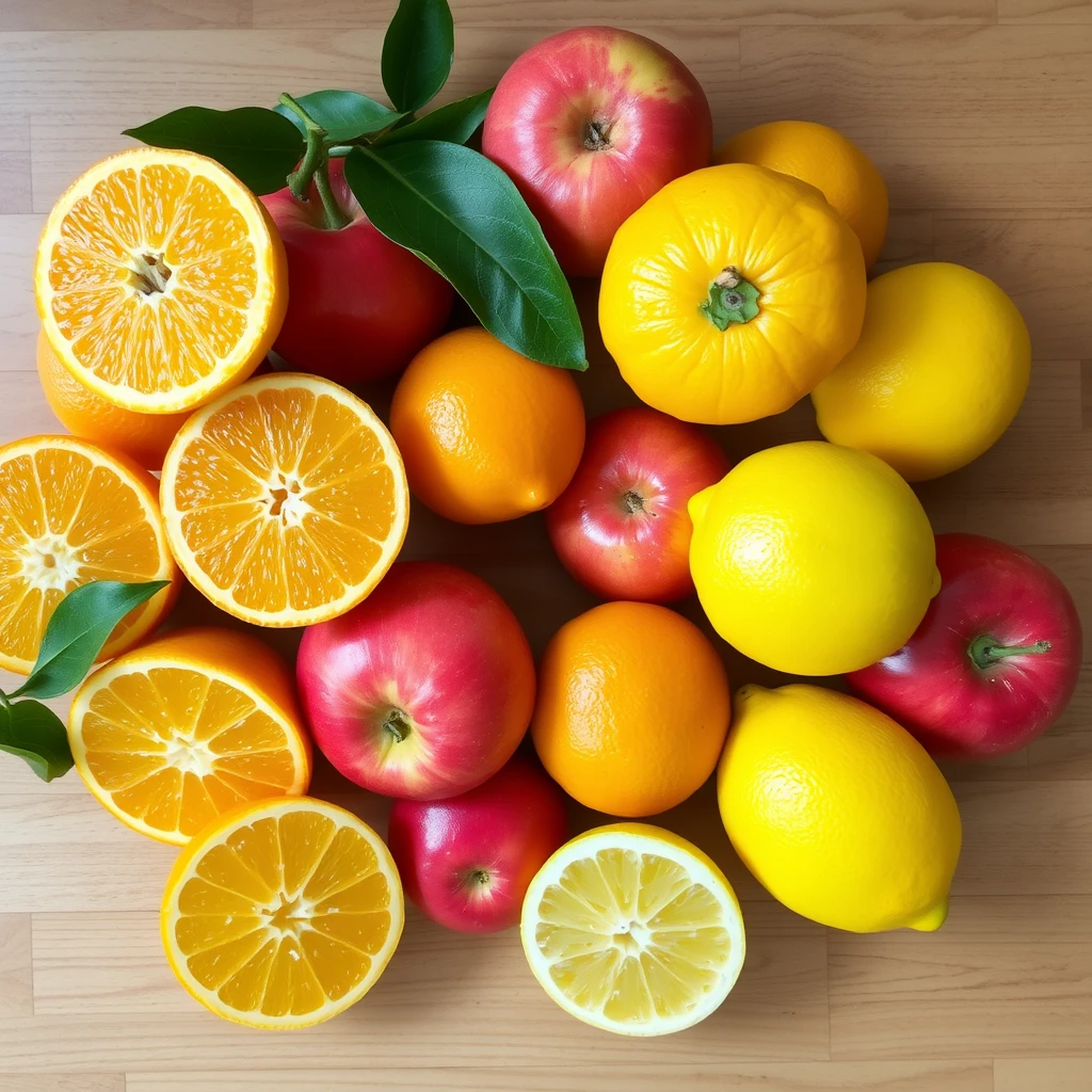 Fresh oranges, red apples, and bright yellow lemons, all arranged naturally on a wooden table. Juicy and ripe, with some of them sliced to show their interiors. - Image