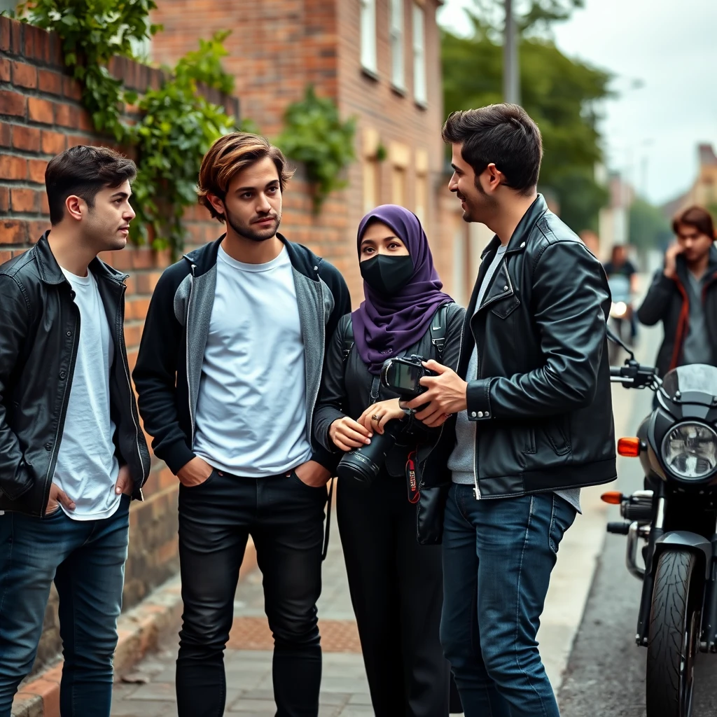 Jamie Dornan and Freddie Prinze, head and body shot, handsome, young, serious face, dark brown hair, white T-shirt, college jacket, skinny jeans, sneakers, standing, discussing with two guys and a Muslim girl wearing a short purple hijab, beautiful eyes, black face mask, black leather jacket, longest black leather skirt, holding a Canon DSLR camera, near a town road, superbike, hyper-realistic, street photography, brick wall, full body photo, three other random friends in the back.