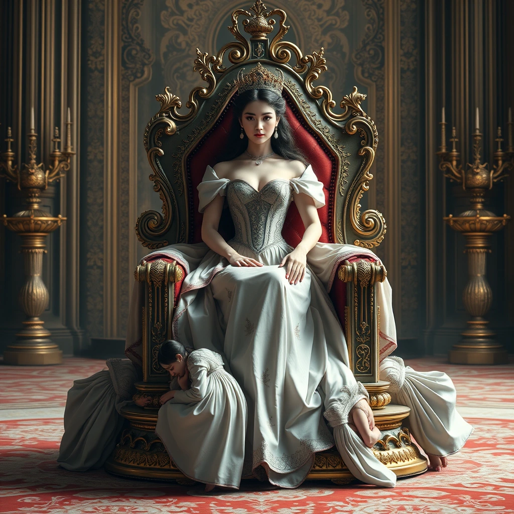 The voluptuous and beautiful queen sits on a luxurious and exquisite throne, which is carried by four palace maids crawling.