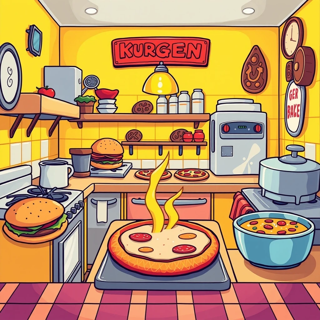 A cartoon-style game poster featuring a warm yellow kitchen with delicious burgers, pizzas, and fish soup on the stove. The scene has a playful and colorful design, inspired by Chris Samnee's art style, with a hand-drawn feel, bright colors, exaggerated proportions, and soft lighting. The poster includes a contrasting royale pattern style, deep focus, and high resolution, capturing a fun and exciting atmosphere. - Image