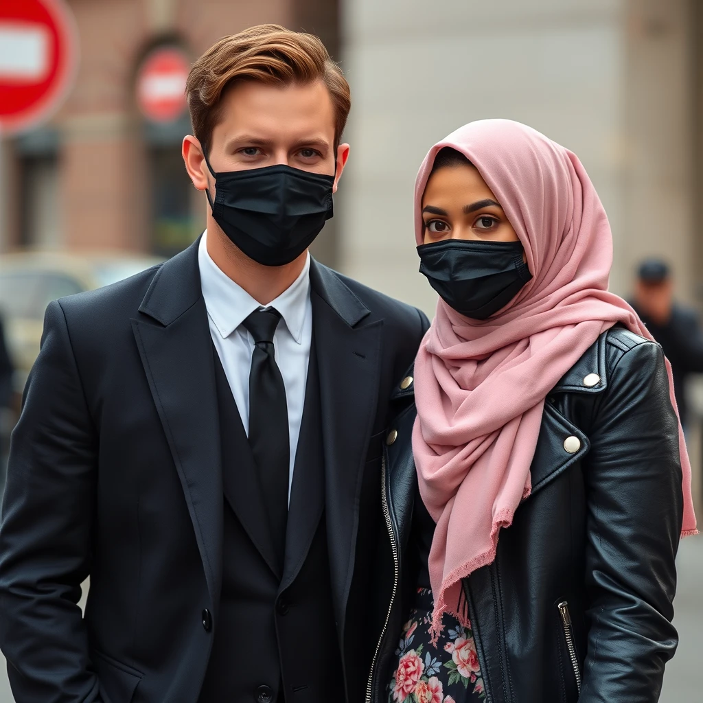 Jamie Dornan's head and body shot, handsome, young, black face mask, black coat suit, dating love with the biggest soft pink hijab girl, beautiful eyes, black leather jacket, black face mask, biggest floral skirt, hyper-realistic, street photography. - Image