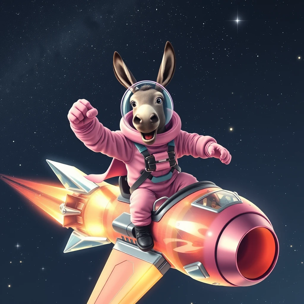 An ambitious donkey wearing pink astronaut costume, riding on a crystal stunning spaceship, making a punching gesture, flying to the outerspace under a clear night sky with lots of shining stars. Realistic style.