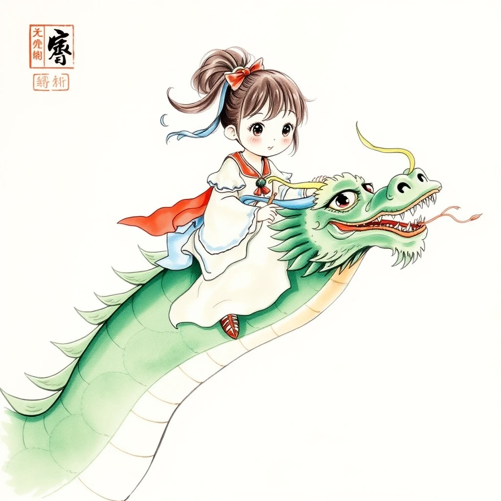 Chinese watercolor painting, a little girl riding on the dragon's head.