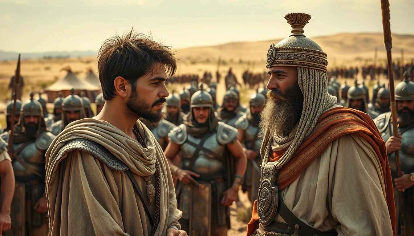 A young man with messy hair and short beard is arguing with a middle-aged Sumerian king. The young man is dressed in biblical-era shepherd's attire. Both men are surrounded by a diverse group of men in ancient Sumerian soldier armor. In the background are Arabic tents pitched on desert shrub land. In the distant horizon stands another army armed and ready to fight. Dramatic lighting.