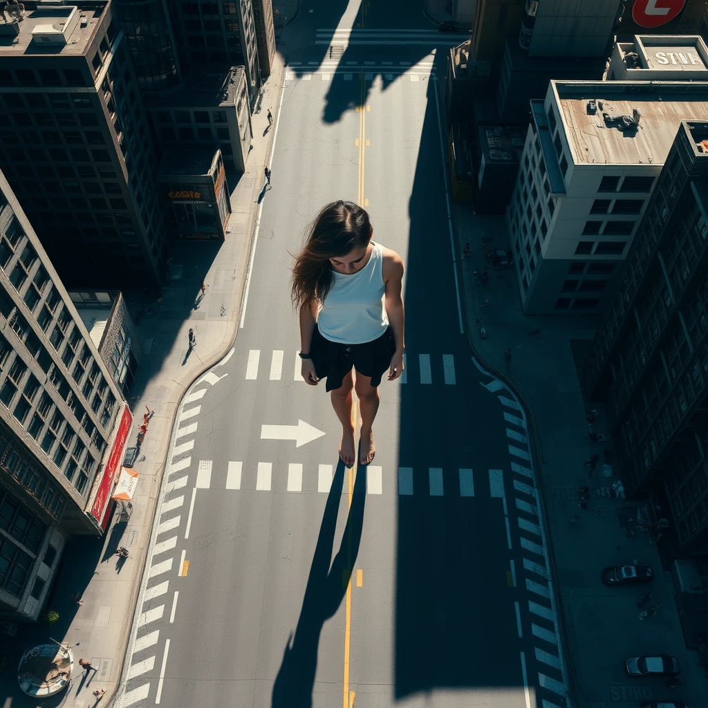 Aerial view, giant stunning goth teen girl standing barefoot in the city, realistic shadow.