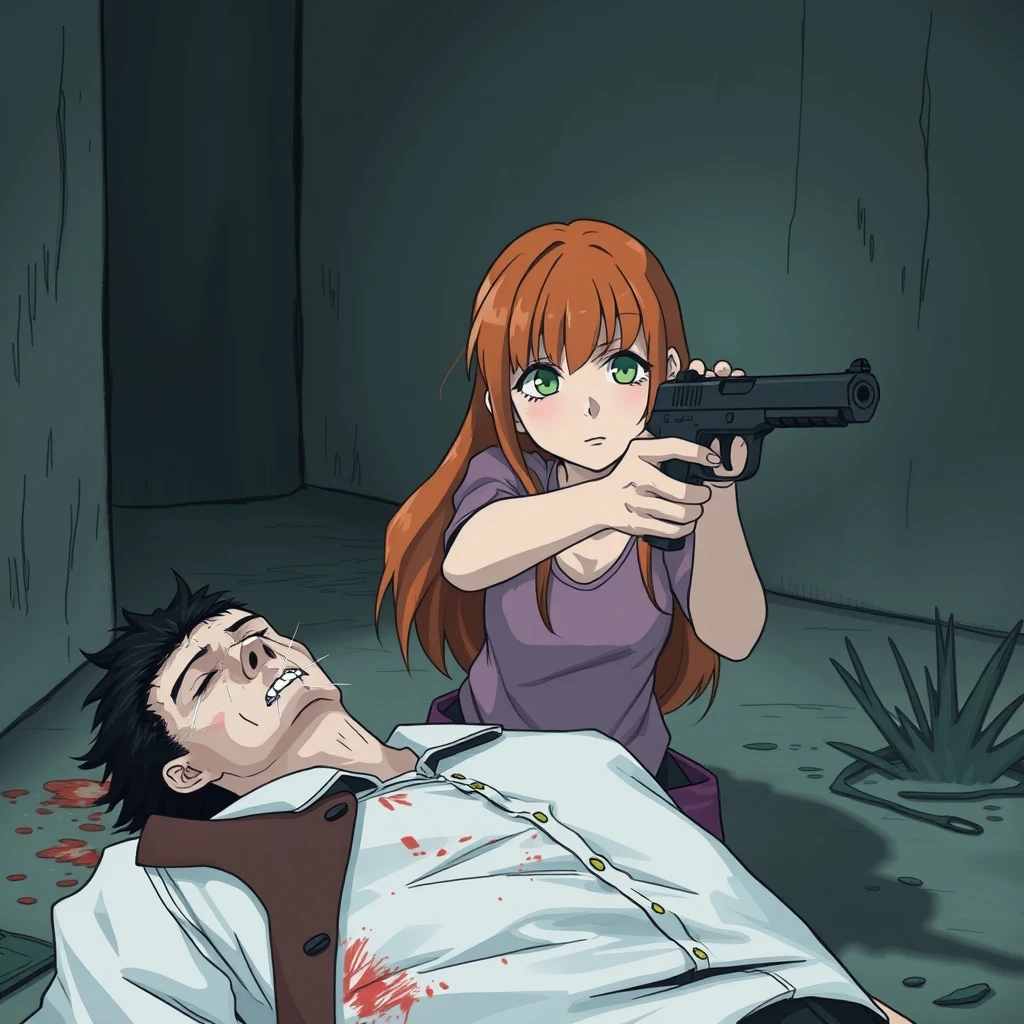 A death scene; a short, skinny teenage girl with long ginger hair and bangs, green eyes, and cute clothes shooting and killing a dead, young, skinny, tall white man with black hair.