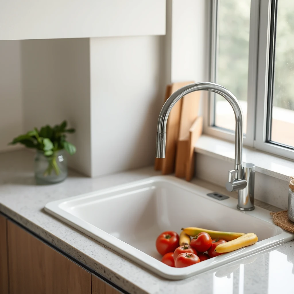 In a modern kitchen, there is a ceramic sink, and next to the sink are preferred fruits and vegetables.