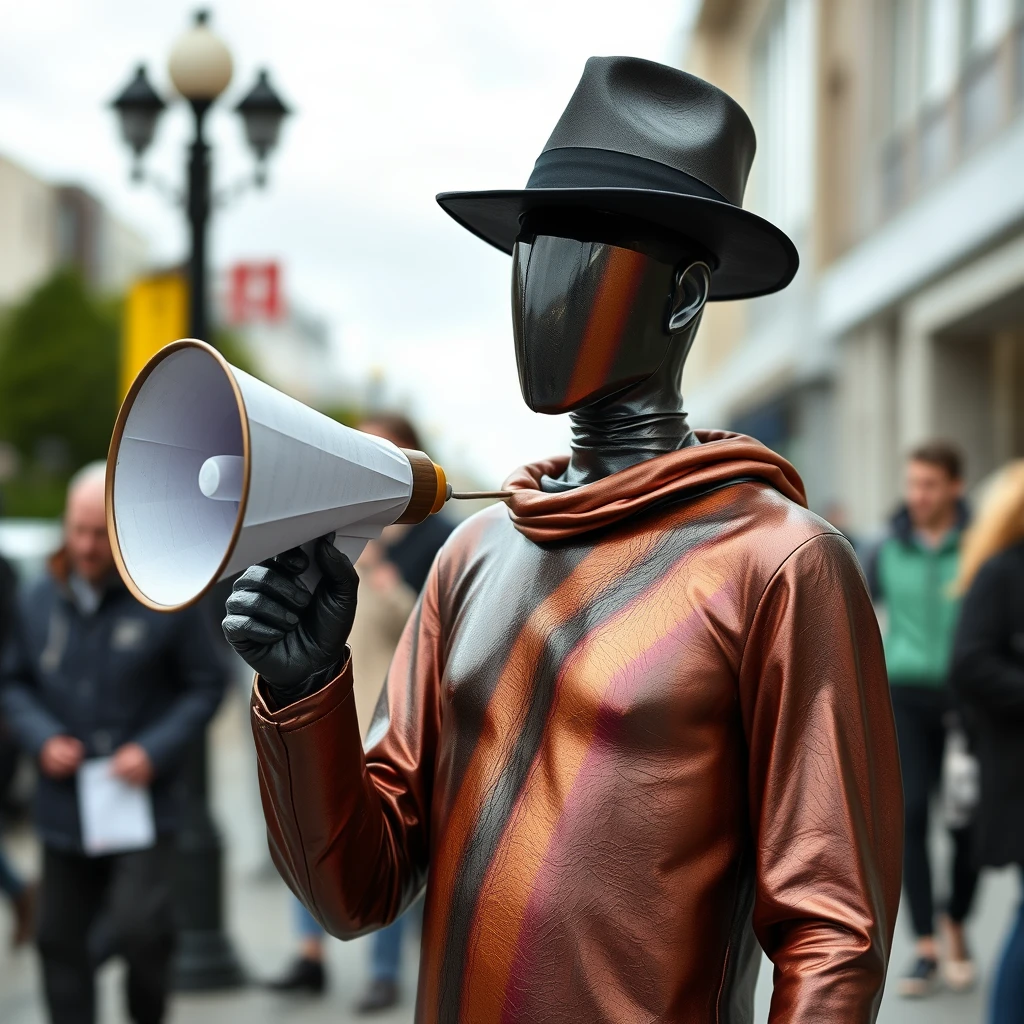 A figure stood there, skin smooth and metallic, the color of an oil slick, with no nose or mouth on its face and missing eyes and ears. It would be mistaken for a mannequin if it weren't moving around and wearing a hat, wielding a megaphone made of paper at passersby. No face. No facial features. No mouth. No ears. No eyes. Smooth skin. Black rainbow colors like an oil slick.