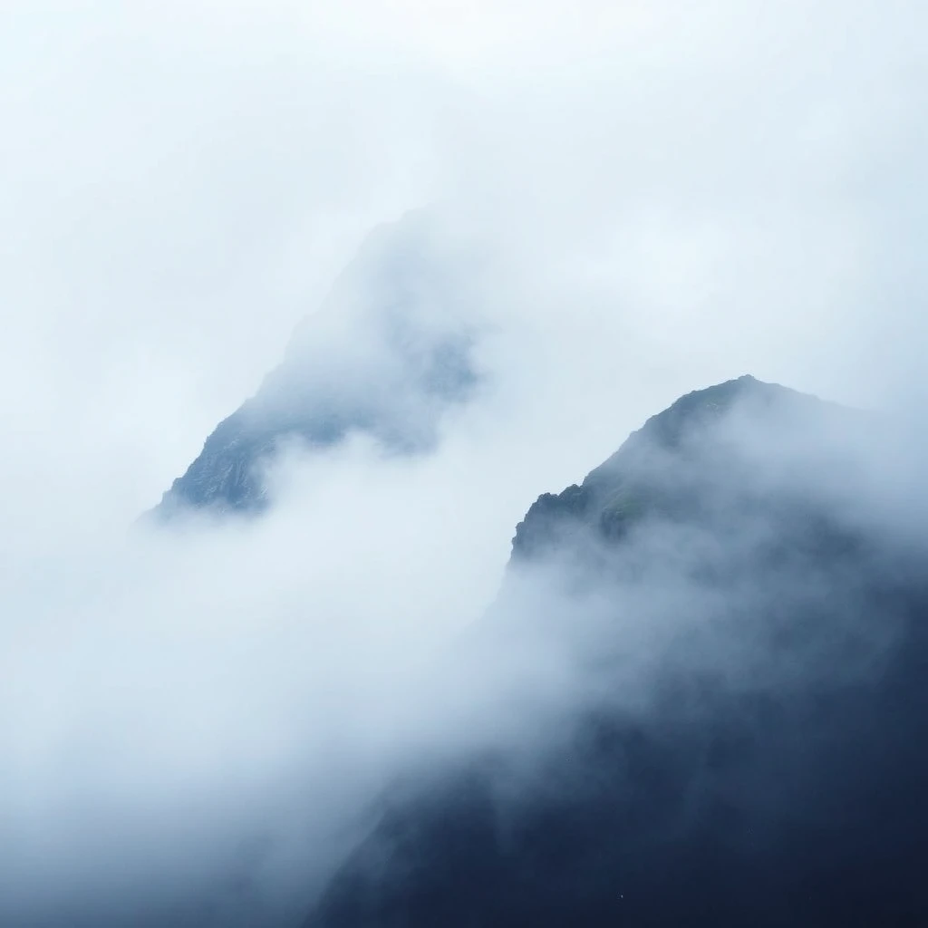 Mysterious mountain peak shrouded in fog