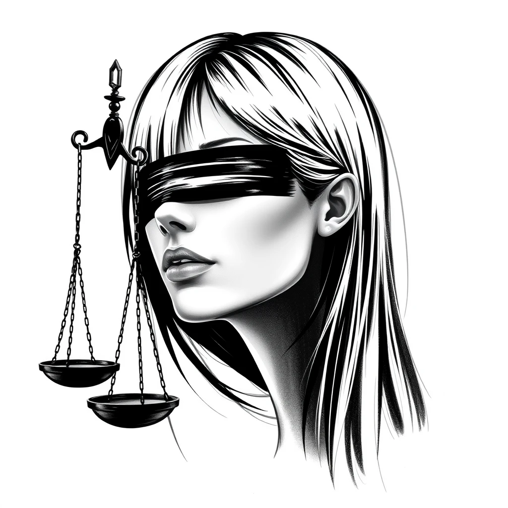 Blind Justice female face, side face, Straight hair, black and white color