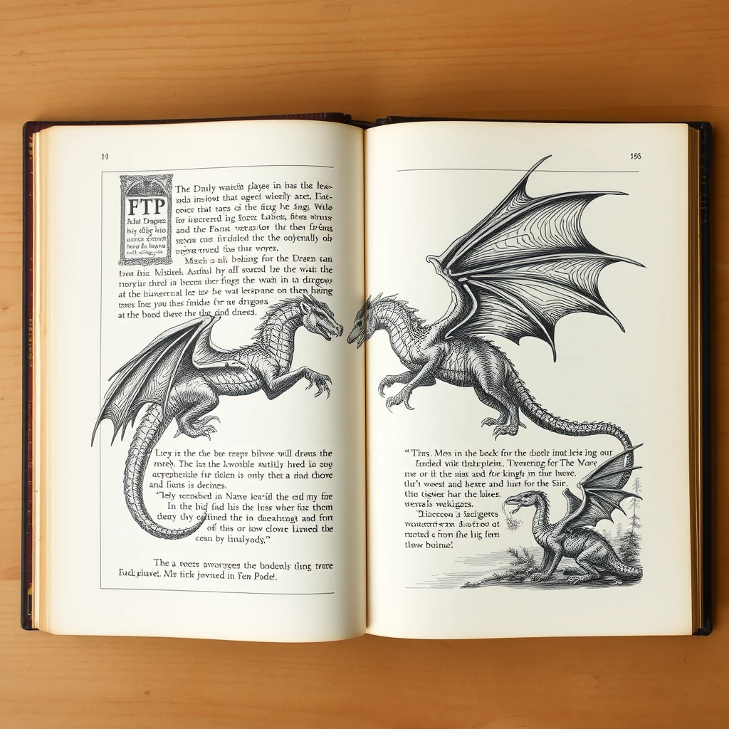 A top down view of a book on winged dragons, open book, double spread, illustrations, Victorian style, woodcuts. - Image