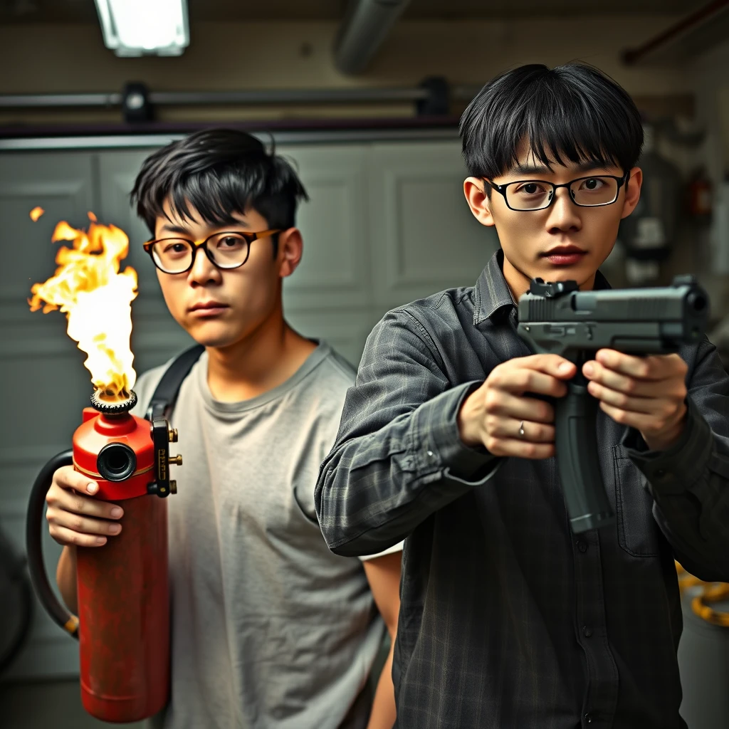 A 21-year-old non-Asian, very white Italian man, wearing round glasses and with short black hair, is holding a very large fire extinguisher flamethrower. Meanwhile, a 21-year-old northern Chinese man, with a thin long face, wearing square glasses and mid-length black fringe hair, is holding a Glock. Both appear angry, with murderous intent, in a garage setting.