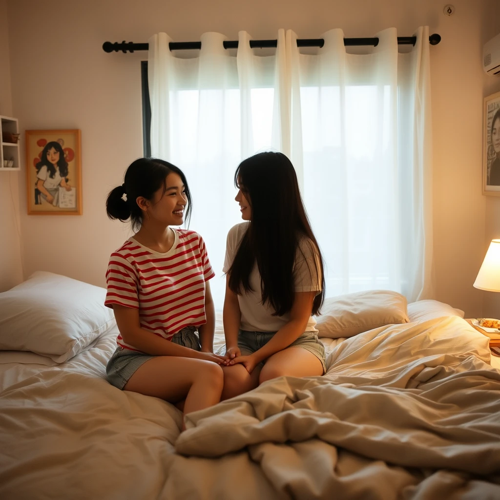 In the bedroom, an American female student and a Japanese female student are chatting. - Image