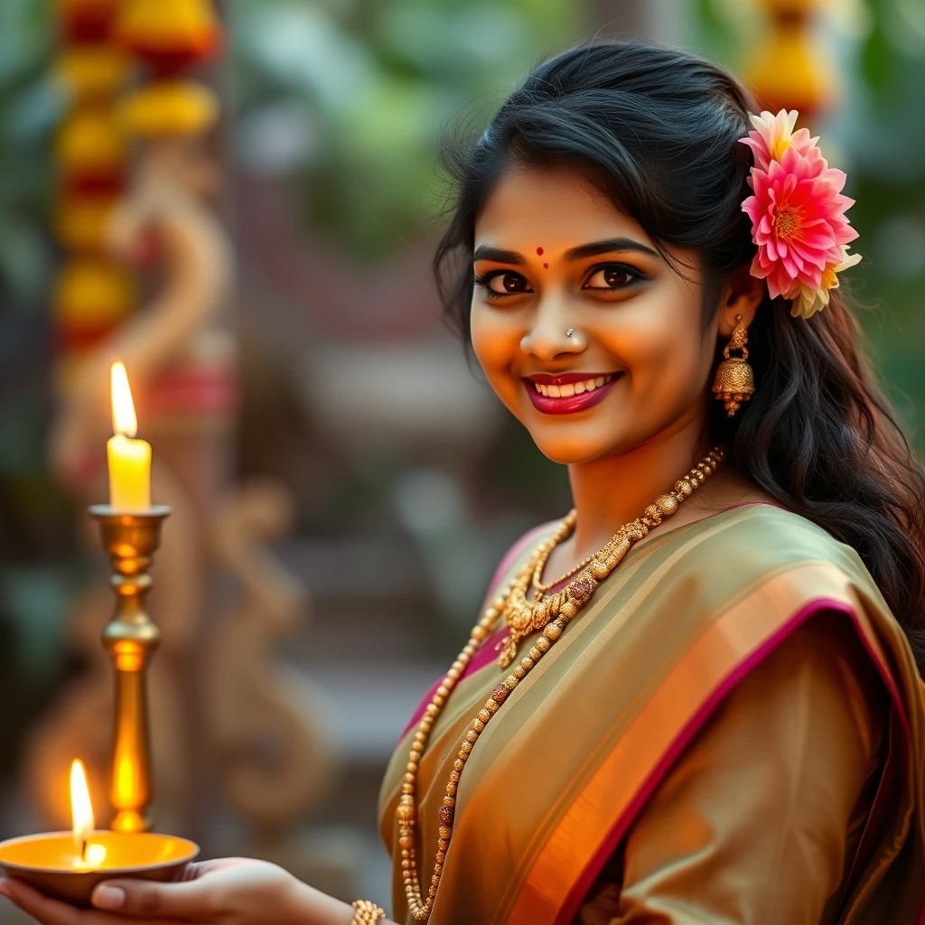 A buxom 24-year-old lady, in traditional Kerala attire, wishing Onam with delicate flowers and a lamp.