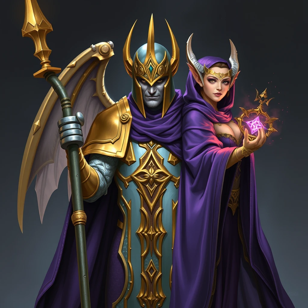 Gold and silver paladin devoted to Bahamut. A purple-robed elf with a staff enchanting the paladin to double in size. - Image