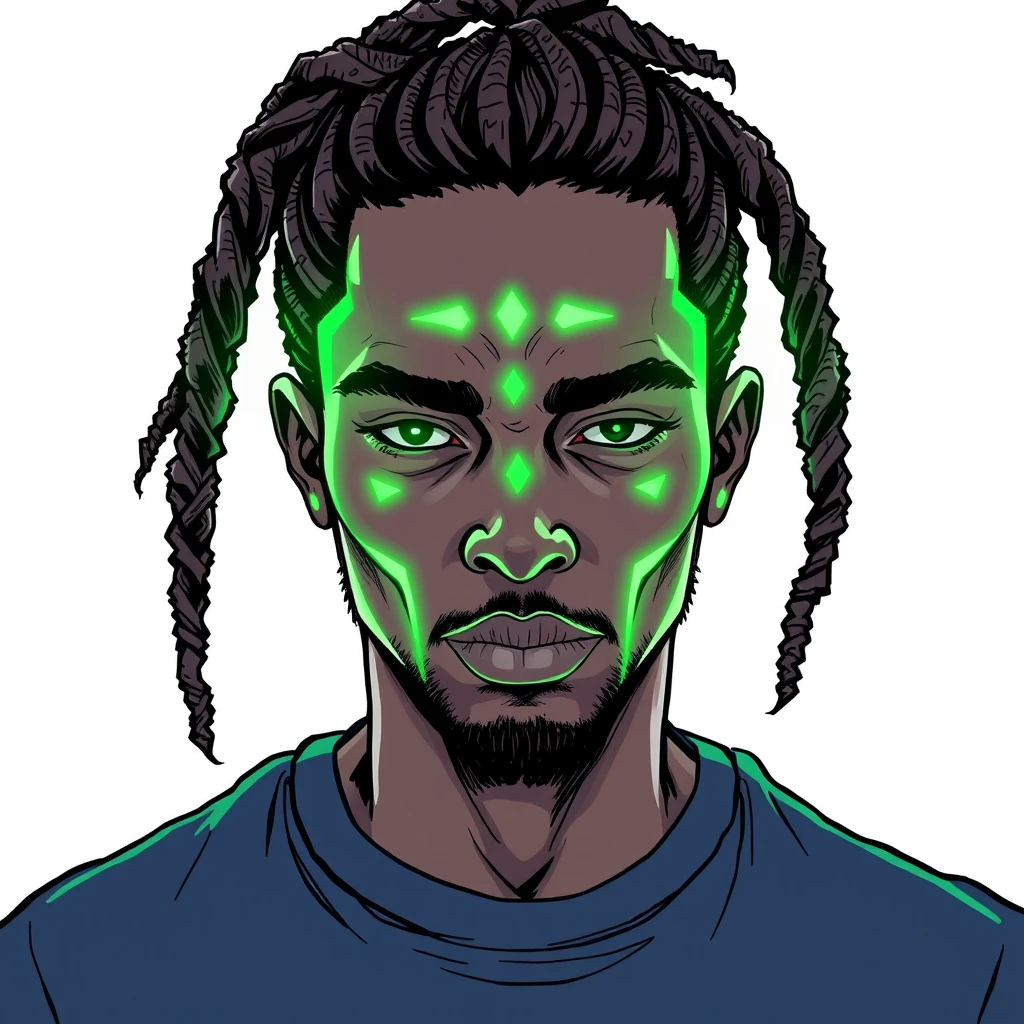 A guy with dreadlocks in a ponytail, ancient green strong glowing signs on his face, art, procreate, front view, hand-drawn, illustrated art --v 5.0 - @eilonpe (fast) - Image