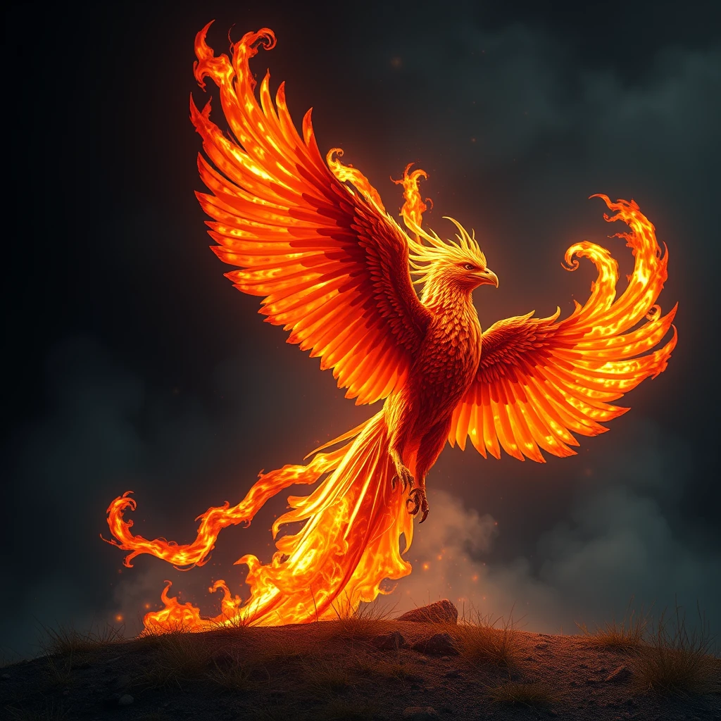 "make a Phoenix that appeared to be about 30 meters tall and when it spread its wings reached 50, its skin had a color similar to the fire of a fireplace, but more intense, its tail seemed to be the most vibrant fire that any being could witness, approaching the divine."