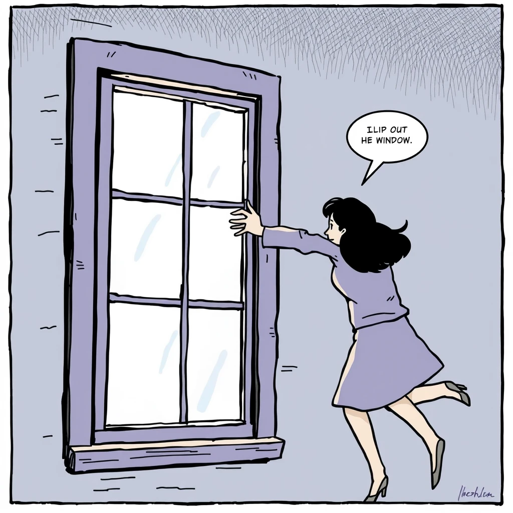 The man pushed a woman at the window, the woman slipped and fell out of the window. Comic.