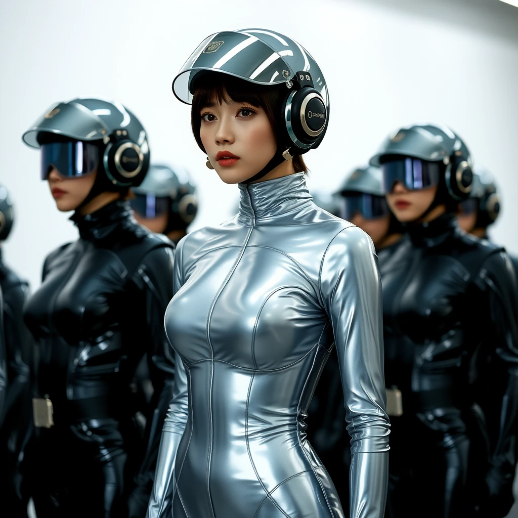 Korean woman. Sexy. Brainwashed. Standing at attention. Silver latex skin-tight full-body jumpsuit. Short hair. Headset and visor. - Image