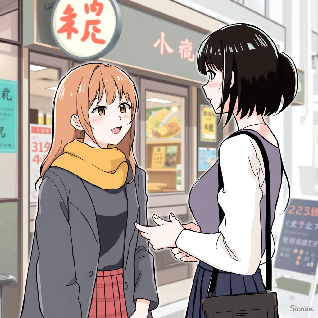 Two young women are chatting outside a restaurant, with Chinese characters or Japanese. - Image