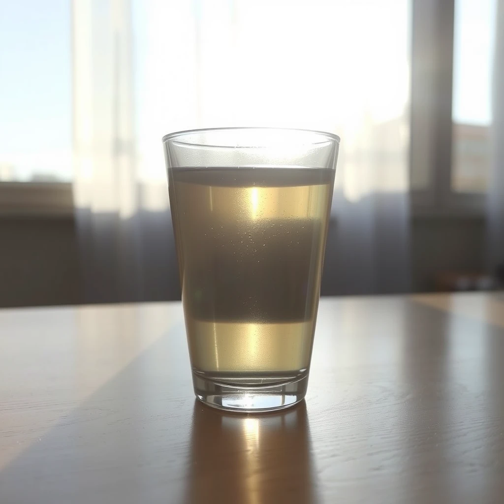 Generate an image: sunlight shining through the window onto one-third of the tabletop, with a transparent glass cup filled with water on the sunlit tabletop.