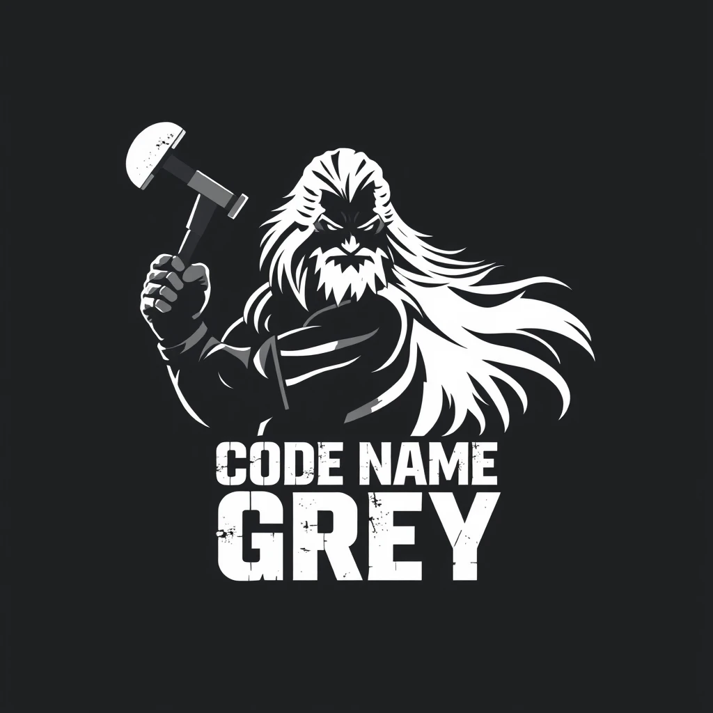 A sharply skilled graphic artist has crafted a stunning logo for Code Name Grey, a gaming channel. The image features a silhouette of a long white-haired rugged man gripping a construction hammer in one hand and a sword in the other, poised for action. This meticulously designed flat vector art showcases intricate details like rugged texture and dynamic composition, resulting in a visually captivating and professional piece that perfectly embodies the channel's theme of gritty survival and creativity.