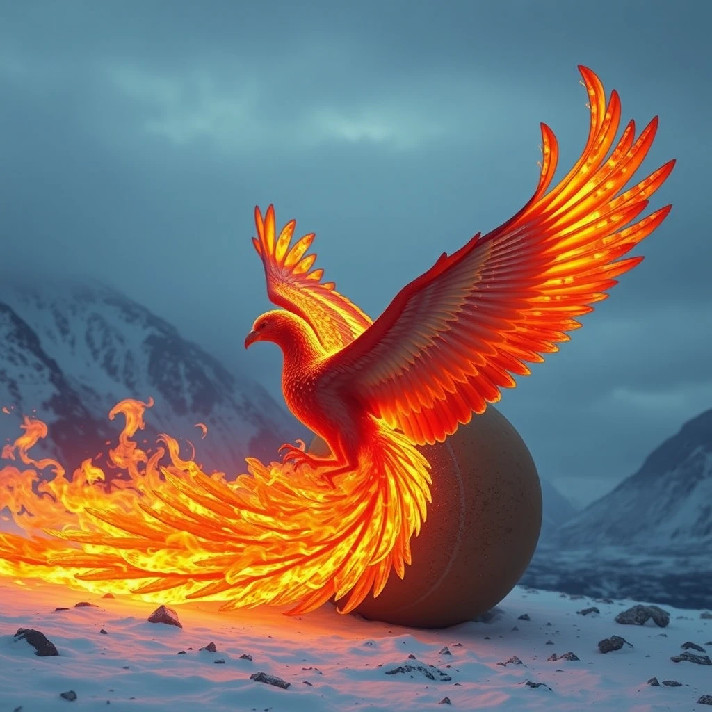 And once again there was Félix, the Phoenix. She had just hatched from a huge and transcendental egg, appearing to be about 30 meters long, and when she spread her wings, she reached 50; her skin had a color similar to that of a fireplace fire, only more intense, and her tail seemed to be the liveliest fire that any being could witness, approaching the divine. She was born in Norway in a mountainous and icy region, which exuded a mystical and unreal atmosphere.