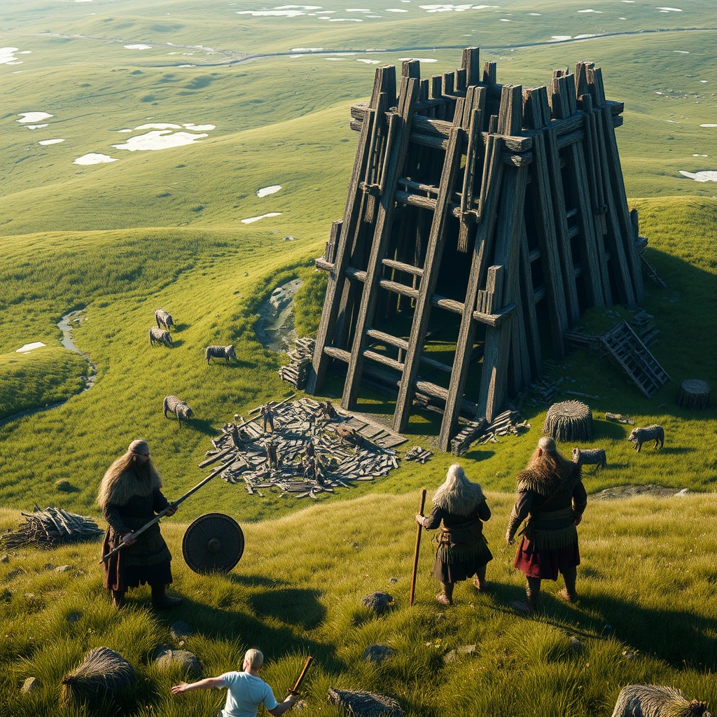 Vikings building a giant structure in a green grassland, realistic, snow patches in the distance.