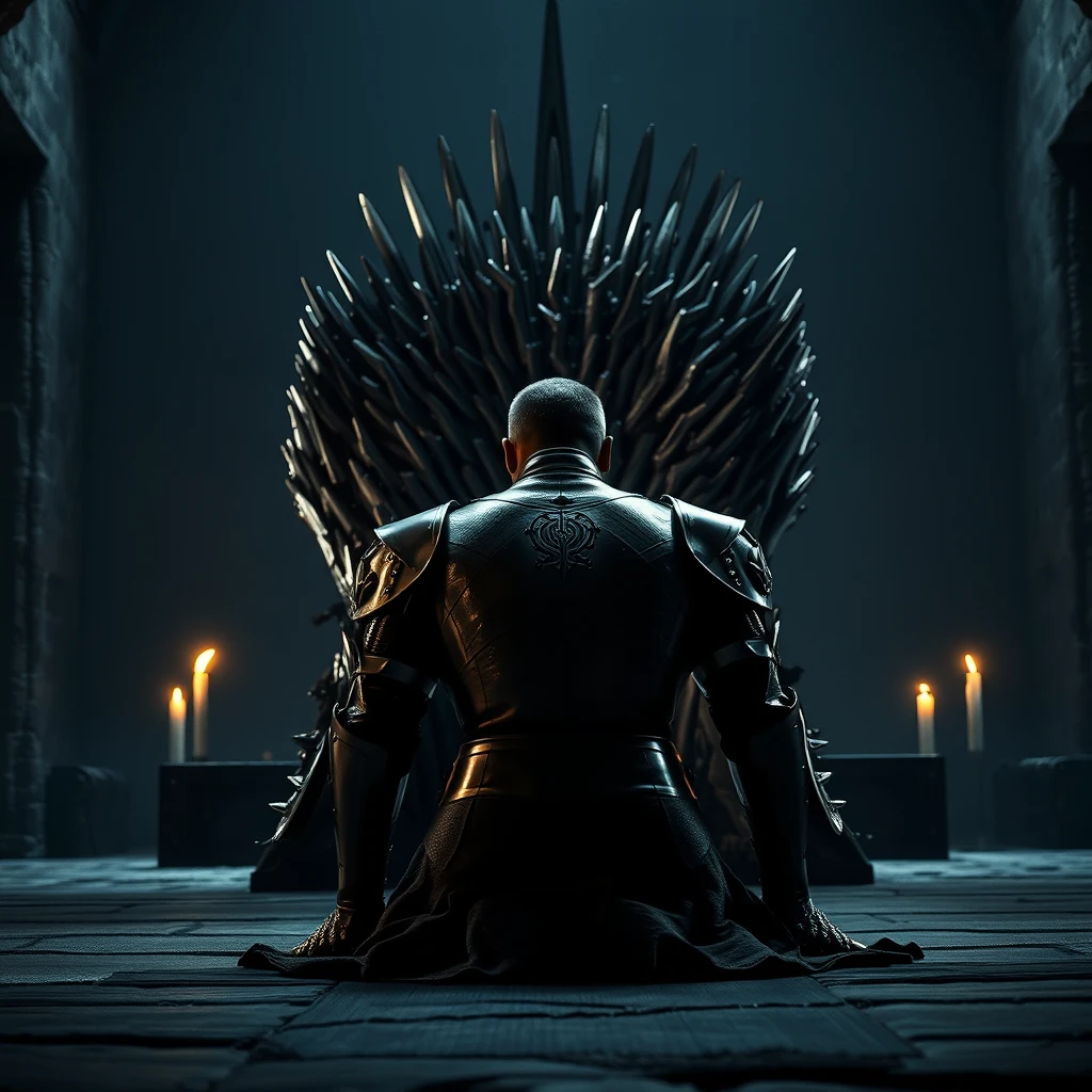 [Scene] The scene is captured with a cinematic grandeur, reminiscent of a still from a historical epic. The setting is a cavernous, dimly lit throne room in a medieval European castle. Looming in the background is the iconic Iron Throne, its jagged edges and harsh silhouette a symbol of power and dominance. The cold, metallic sheen of the throne contrasts sharply with the rough-hewn stone walls and the flickering candlelight that casts long, dancing shadows across the scene.  
[Character] In the foreground, a handsome and powerfully built king, clad in full plate armor, is prostrated before the Iron Throne, his back to the camera. His armored form is humbled, his head bowed low to the ground in prayer. The weight of his crown and the burden of his responsibilities are palpable in his posture. The image evokes a sense of solemnity and the heavy price of power.