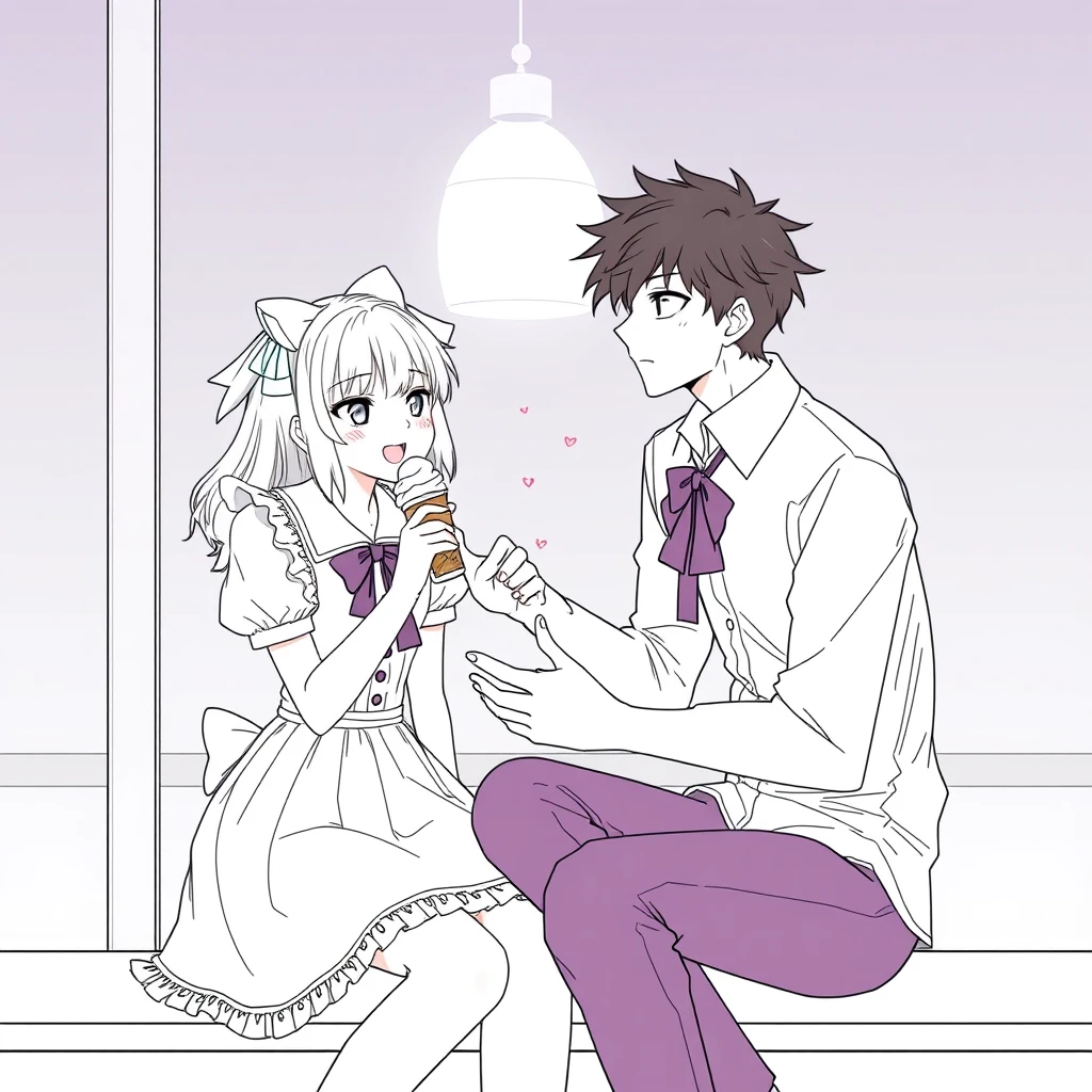 The boy was sitting and gently feeding his girlfriend a cup of ice cream, and the girl, wearing a lolita outfit, looked happy. The boy is tall and handsome. Anime line art. - Image