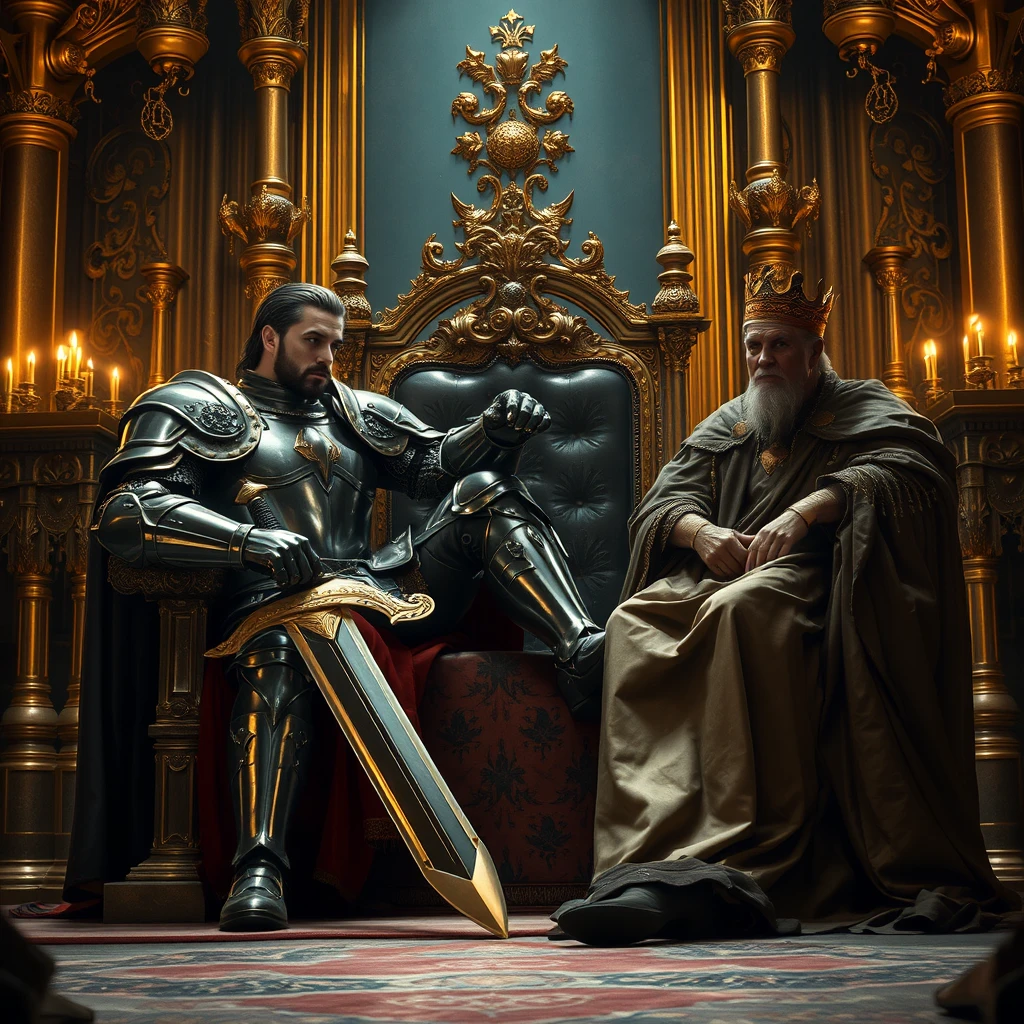 [Scene] A dramatically lit throne room, rich in medieval detail. Gleaming gold reflects off polished armor and a majestic throne.  
[Characters] A powerful, handsome usurper in ornate plate armor, radiating strength and ruthlessness. The deposed king, frail and defeated in tattered finery.  
[Pose of Characters] The usurper sits sprawled upon the throne, one leg casually draped over the armrest, his hand resting upon a large, ornate sword. His posture is arrogant and commanding, his gaze fixed on some distant point, radiating dominance and disdain.