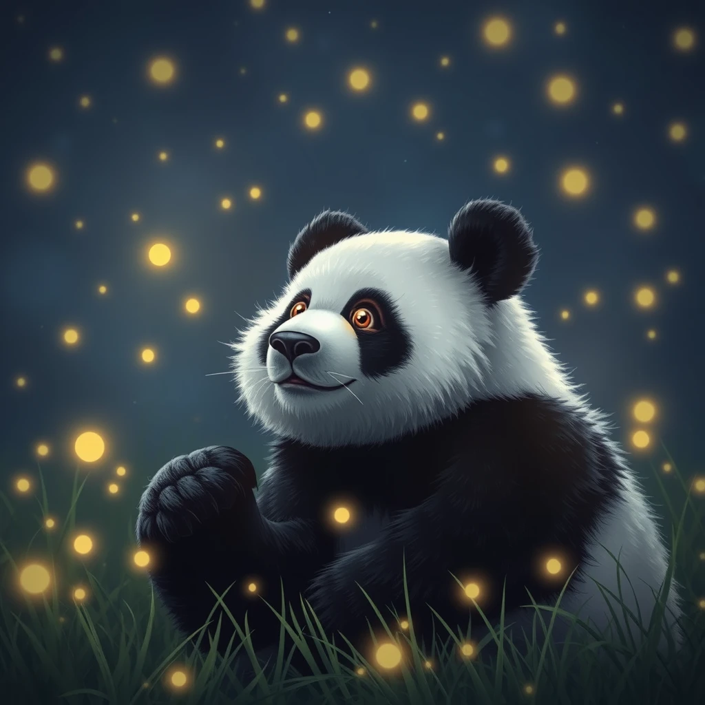 Realistic style: At night, fireflies dazzle a giant panda, making it unable to open its eyes. - Image