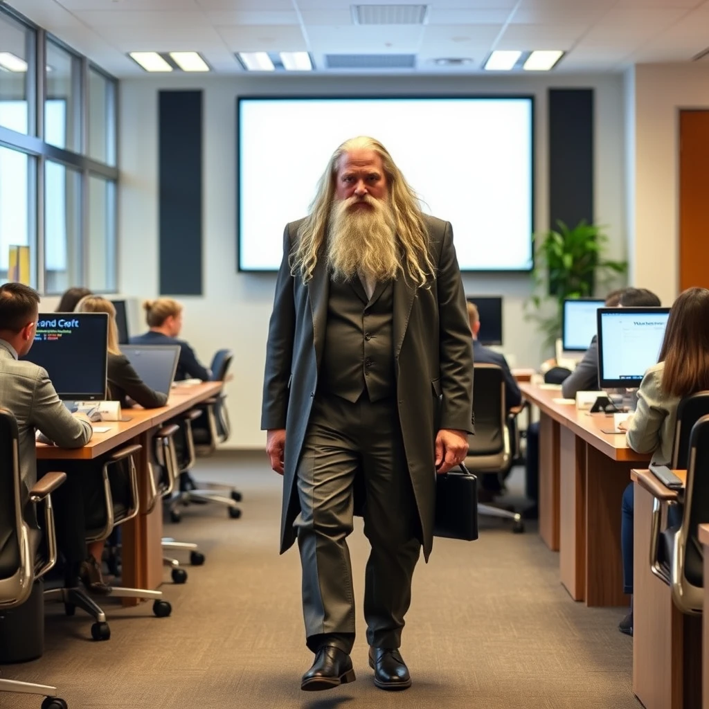 Gandalf in a suit walks into a software office meeting. VMS is on the screen.