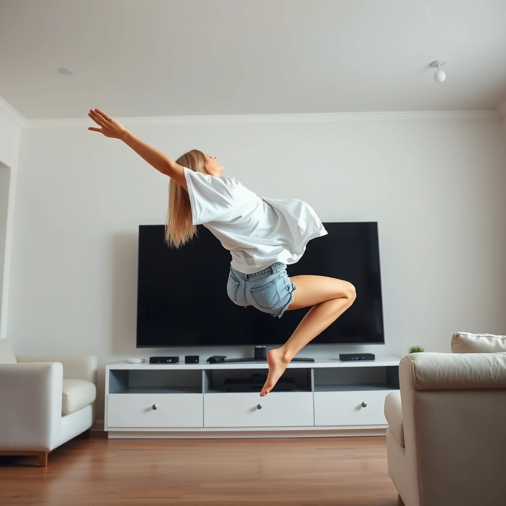 Side view angle of a blonde skinny woman who is in her massive living room wearing a massively oversized white t-shirt which is also very off-balance on one of the sleeves for the shoulders and wearing oversized light blue denim shorts. She is wearing no shoes or socks and she faces her TV, diving headfirst into it with both her arms raised below her head and her legs high up in the air. She is at a 60-degree angle and is already halfway through the TV screen.