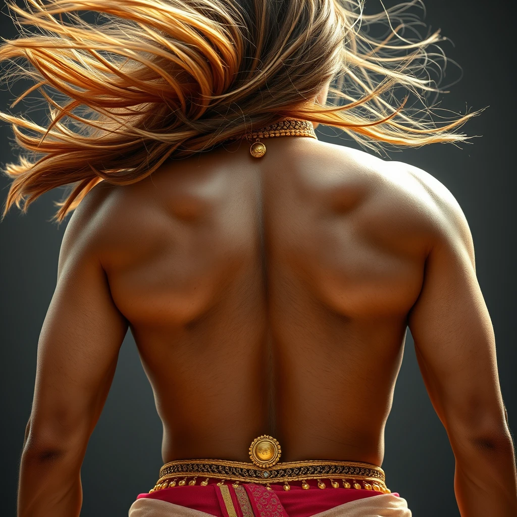 Close-up view of an unrealistically highly muscular back with big shiny muscles of a tall Pakistani woman, hair flying in the air, wearing gold ornaments on her waist and neck.